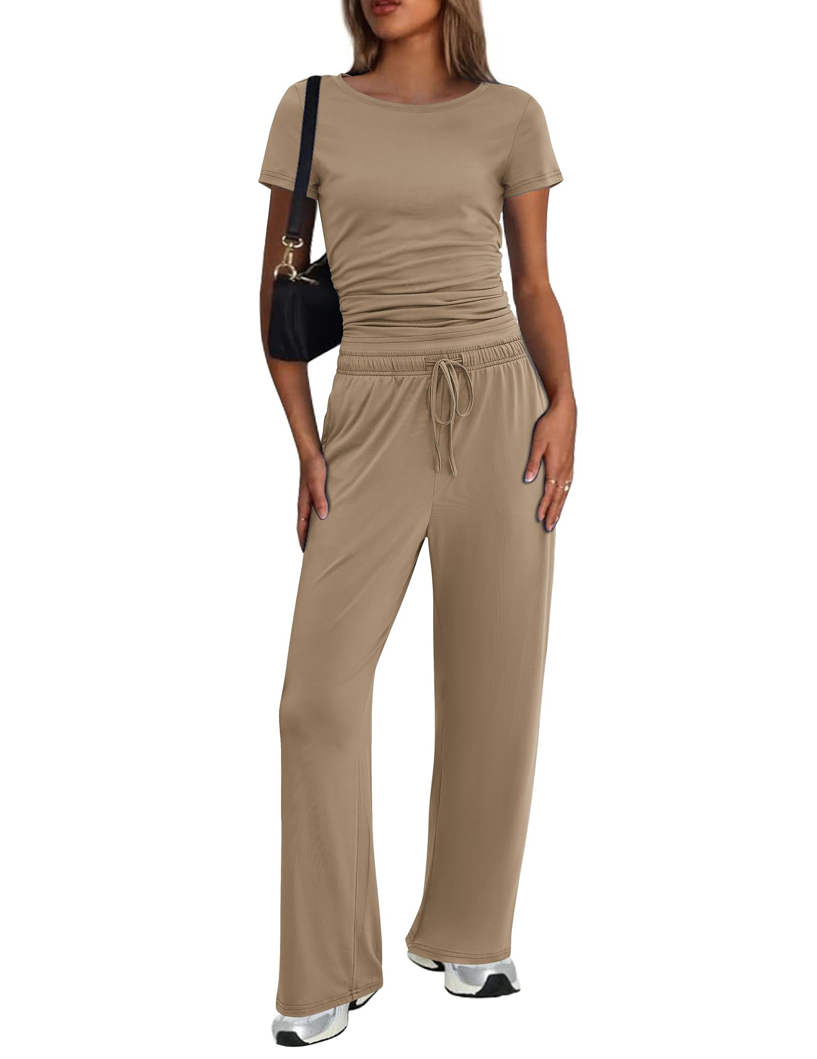 Ekouaer Women's 2 Piece Sets Outfits Short Sleeve Wide Leg Tracksuits Casual Lounge Set Matching Sets with Pockets