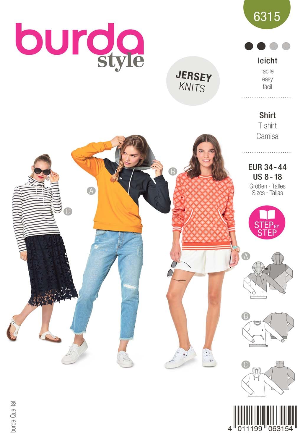 Burda Sewing Pattern 6315 Tops, Hoodies 8-18