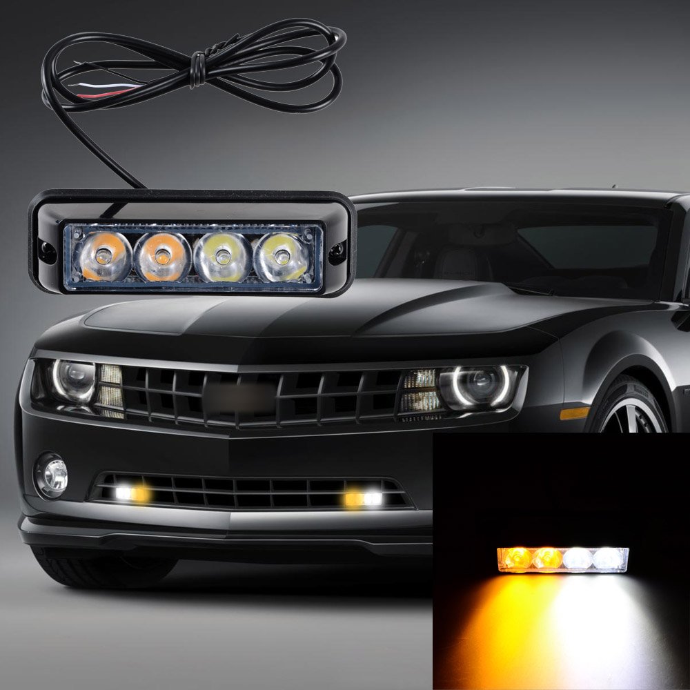White & Amber 4-LED 12W Warning Emergency Waterproof Surface Mount Deck Dash Grille Strobe Light Head Clear Lens
