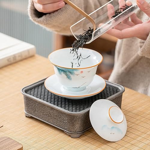 Miniatura 4 de Emoyi Juego de tazas de té River Pattern Porcelana Gaiwan Kungfu Tazón de té con tapa y platillo 4.1 fl oz