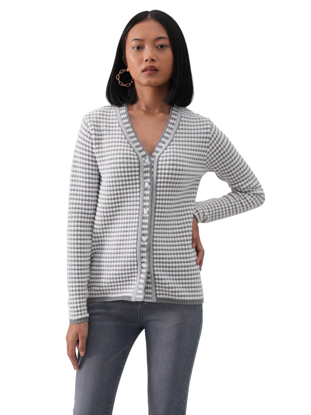 crimsoune club Women's Grey Jacquard V-Neck Cardigan-picture-10