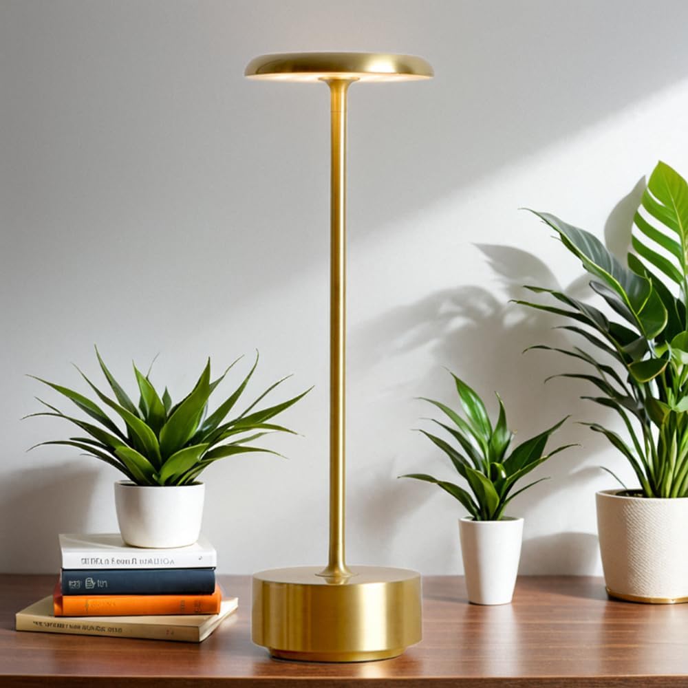 LED Cordless Metal Table Lamp, Portable Modern Desk Lamp, Rechargeable 2600mAh Battery Operated, Stepless Touch Control, for Restaurant/Bedroom/Bars/Camping/Cafe Night Light(Brass)