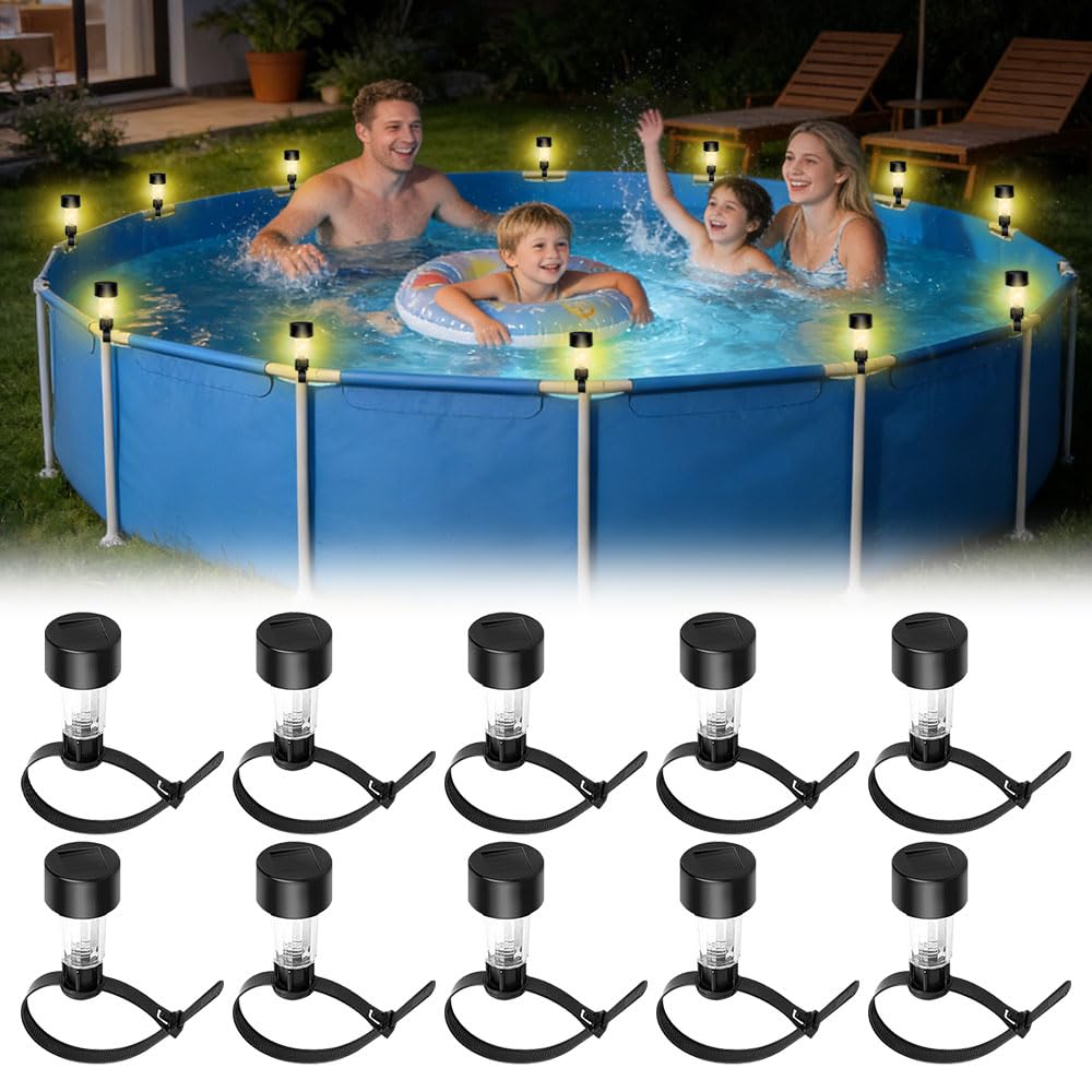 Set di 10 luci solari per piscina con fascette per cavi, illuminazione fluorescente bianca calda, 4,5 cm, per bordo piscina, recinzione, giardino, piscina, bar, decorazione per feste