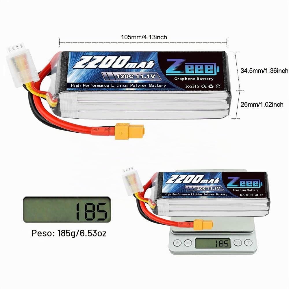 Zeee 3S Lipo Batería 11.1V 2200mAh 120C con Conector XT60 para UAV Drones FPV Bicicleta de Carretera Quadcopters Avión Helicóptero RC Barco (2 Paquetes)