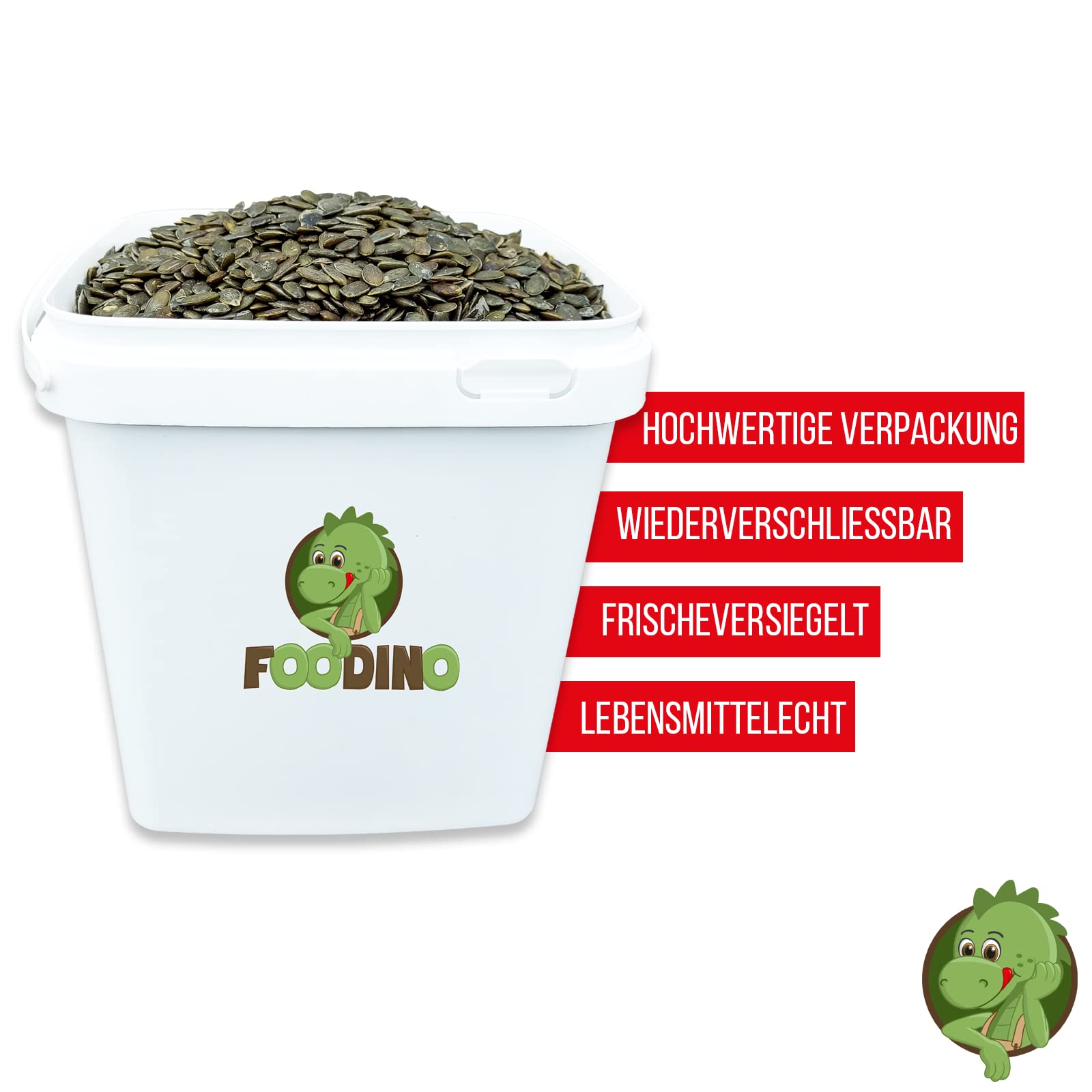 Kürbiskerne geschält grün unbehandelt ungesalzen naturbelassen ungeschwefelt Kürbis Kerne ohne Schale 100% Natural 500g 5kg wiederverschließbar Premium Qualität FOODINO (3,5kg im praktischen Eimer)