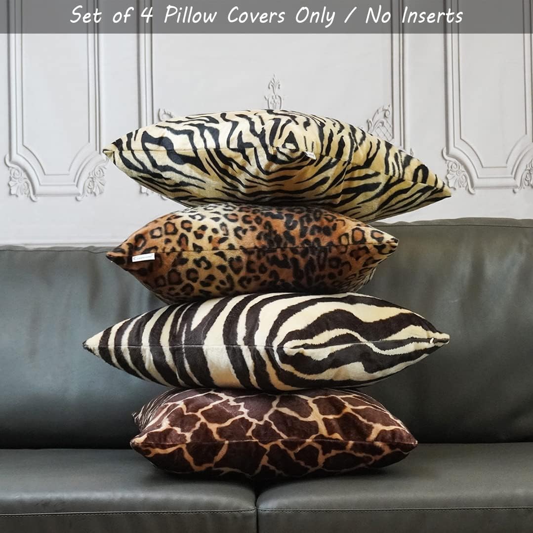CARRIE HOME Soft Plush Leopard Print Tiger Stripe Faux Fur Pillow Covers for Home Couch Sofa (Set of 4, 18x18 inch)