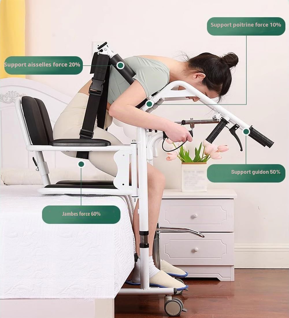 Chaise de transfert hydraulique pour patient avec position assistée, hauteur réglable de l'assise à la verticale, avec dossier haut doux et siège doux, fauteuil roulant pouvant supporter 136 kg pour