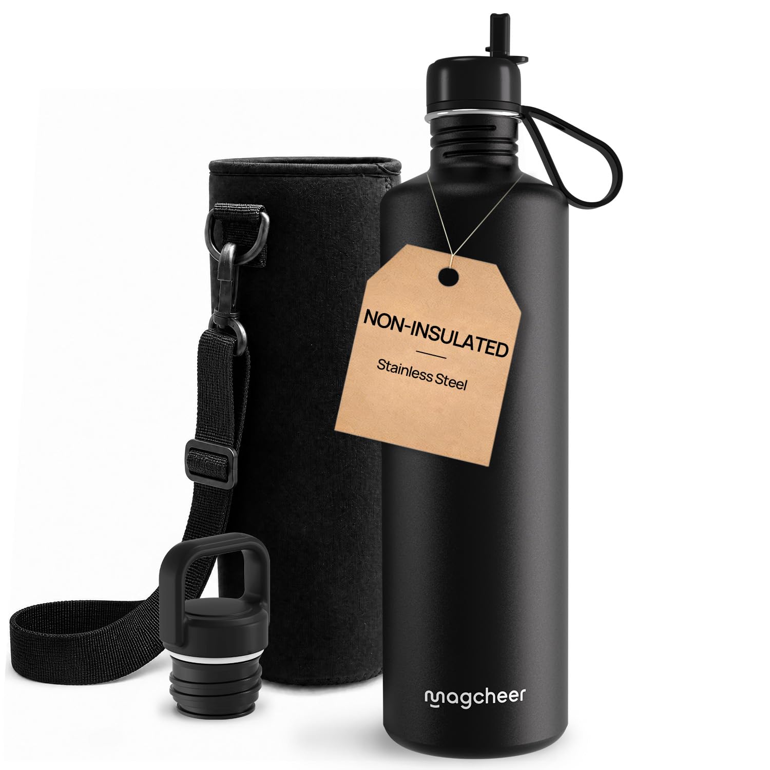 magcheer Non-Insulated 2 Litre Water Bottle Stainless Steel with Straw & Spout Lids | Large Metal Jug with Bag | Leakproof Dishwasher Safe | Eco Reusable Flask for Hiking Camping Gym(Black)