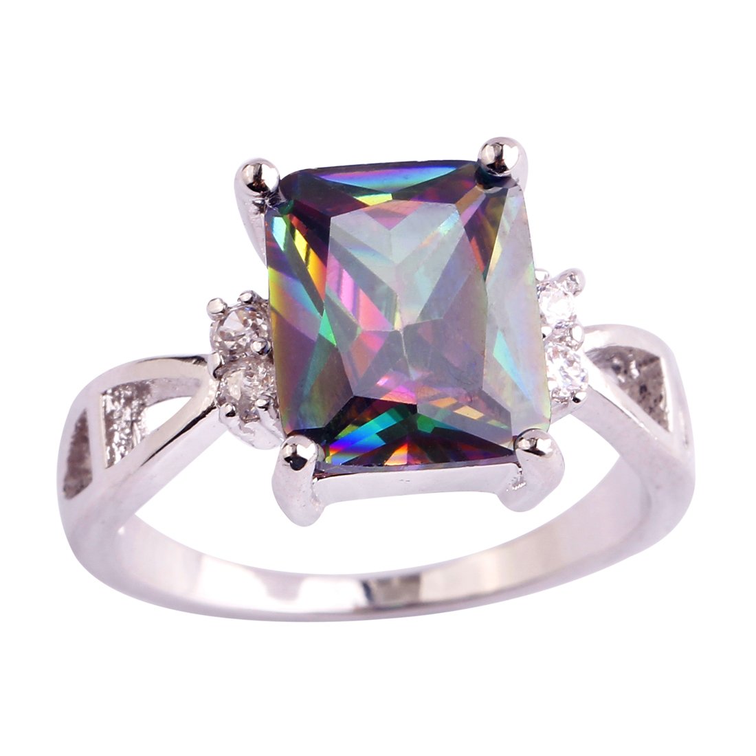 Psiroy 925 Sterling Silver Plated Emerald Cut Simulated Rainbow Topaz Ring