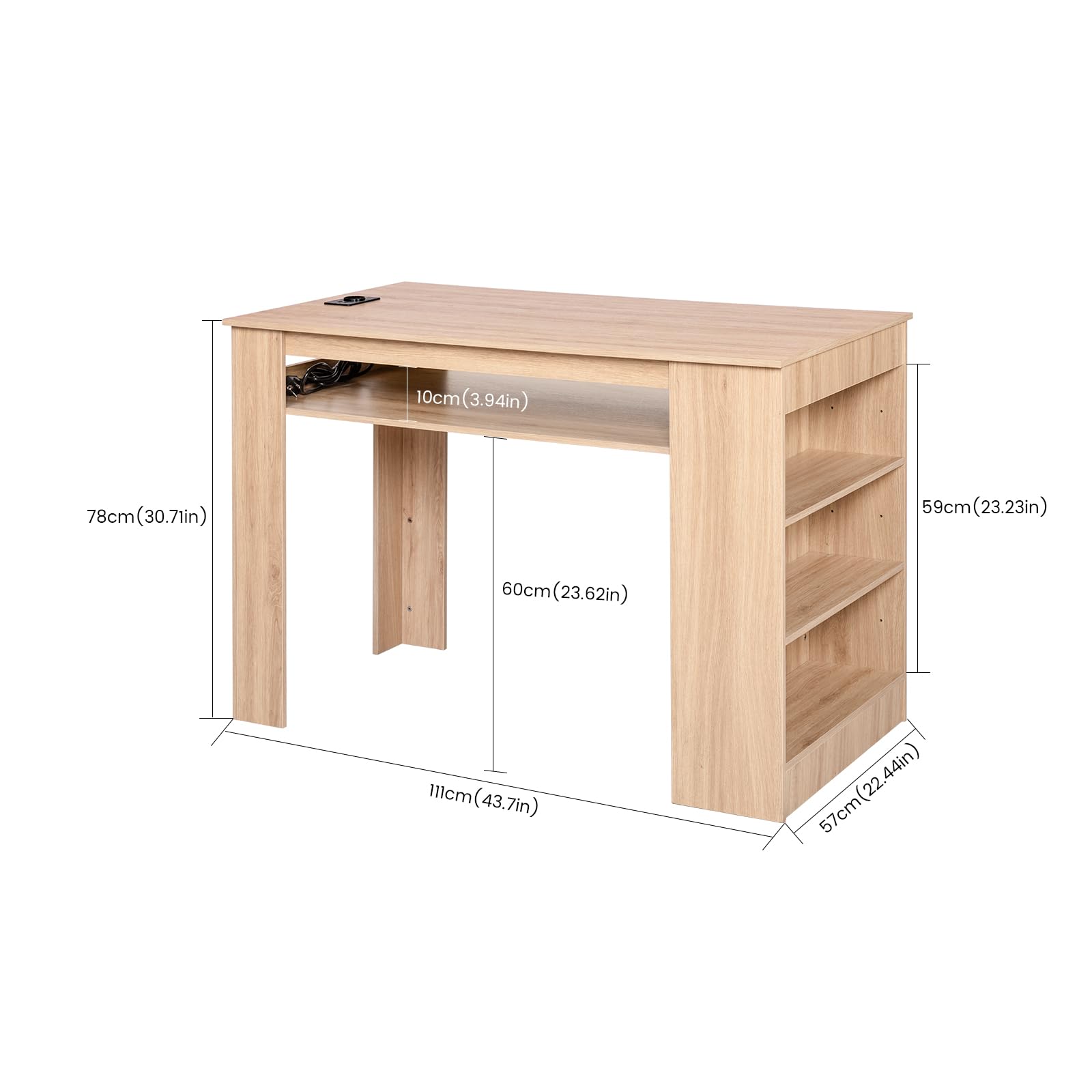 EGGREE Esstisch mit 2 Stühlen Essgruppe, Bartisch Set, Schreibtisch mit AC-Steckdosen und USB-Anschlüssen, 111cm Küchentisch mit 4 Ablagen für Wohnzimmer, Küche(Eichentisch+2 Grau Stühle)