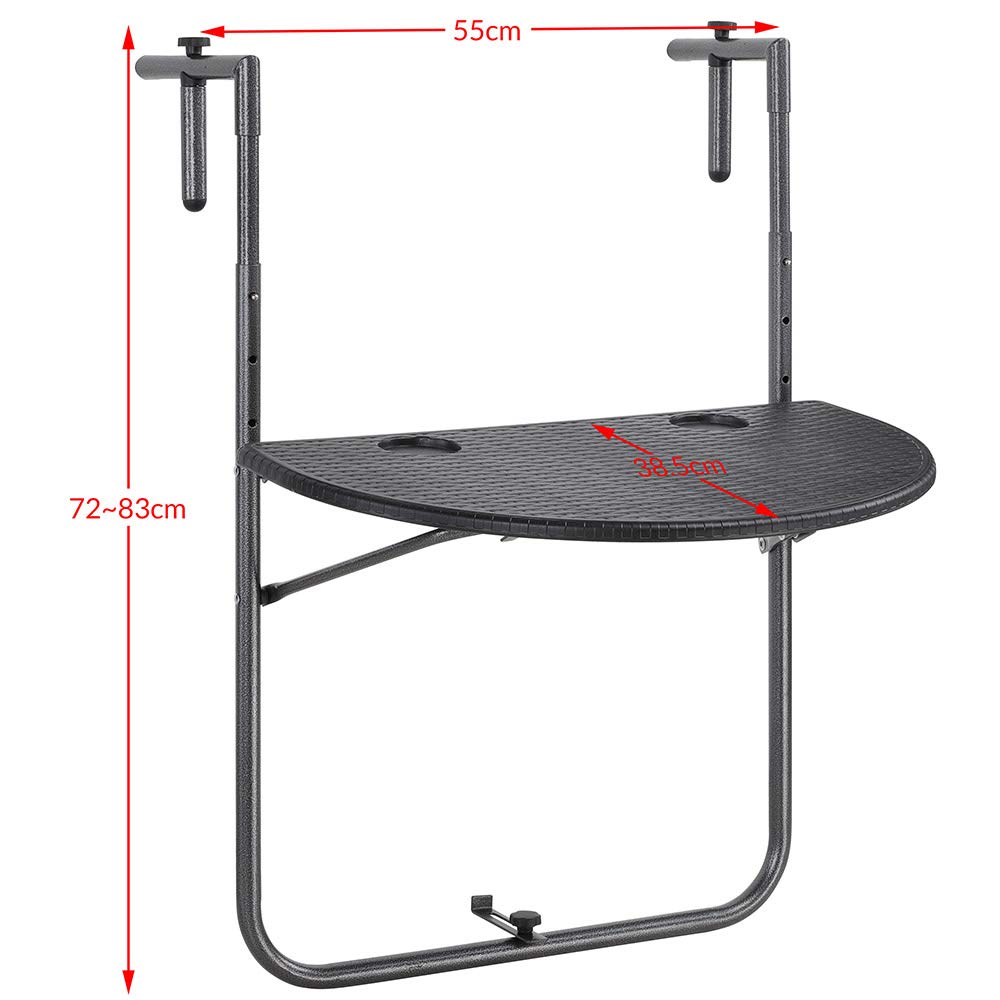 BAKAJI Tavolo Pieghevole da Ringhiera Esterno Balcone Altezza Regolabile Metallo Polyrattan Portabicchieri 60x64cm Nero