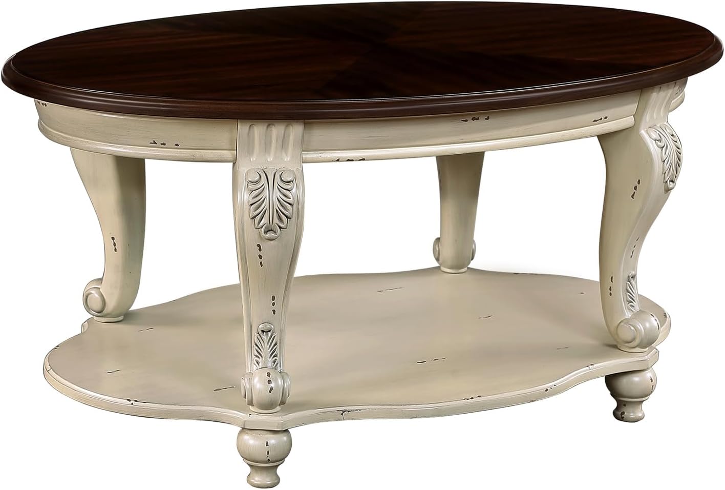 42'' Oval Wood Coffee Table for Living Room, Mid Century Farmhouse Circle Coffee Tables for Apartment, Easy Assembly Traditional Coffee Table Centre Table Retro Cocktail Table, Beige&Cherry