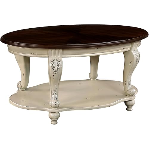 42" Wood Coffee Table for Living Room Oval Coffee Table with Storage Shelf, Antique Table Legs with Elegant Carvings, Easy Assembly, Beige and Espresso Top