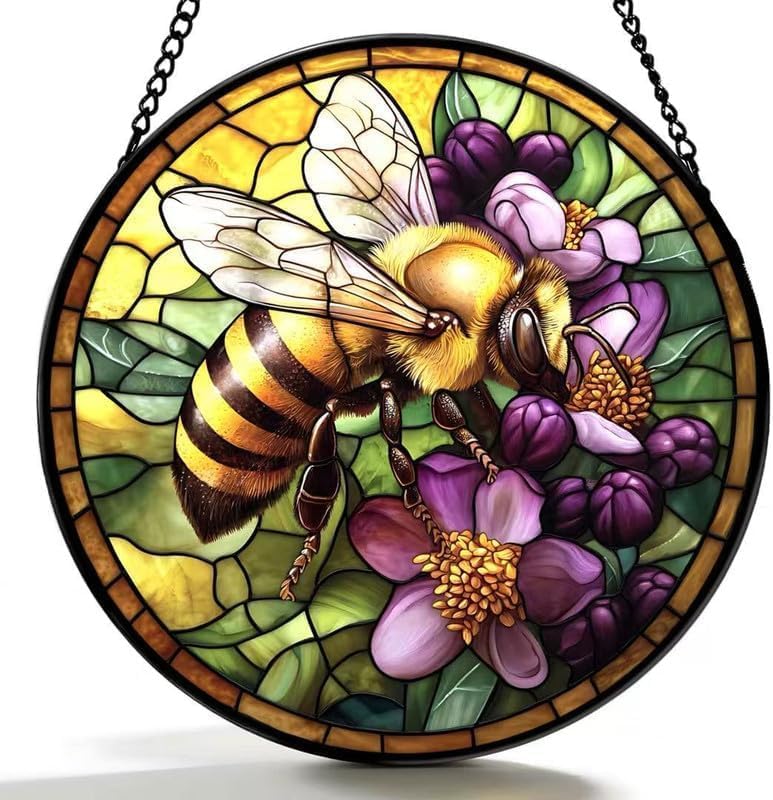 Bee Stained Glass Suncatcher Round Window Hanging Decor Colorful Floral Sun Catcher Panel Honey Bee Art for Home Kitchen Garden Living Room Gift