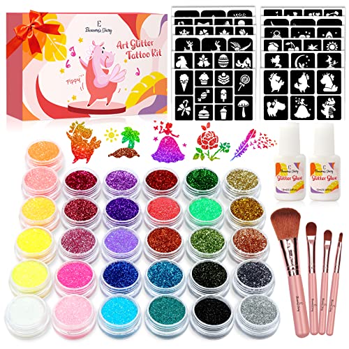 Glitzer Tattoo Set Mädchen Tattoo Kinder Eleanores Diary 31 Biologisch abbaubarer Glitzer Temporäre Tattoo Kit Glitzertattoos Kinder Set 165 Schablonen 4 Pinsel 2 Kleber Geschenk Mädchen ab 3