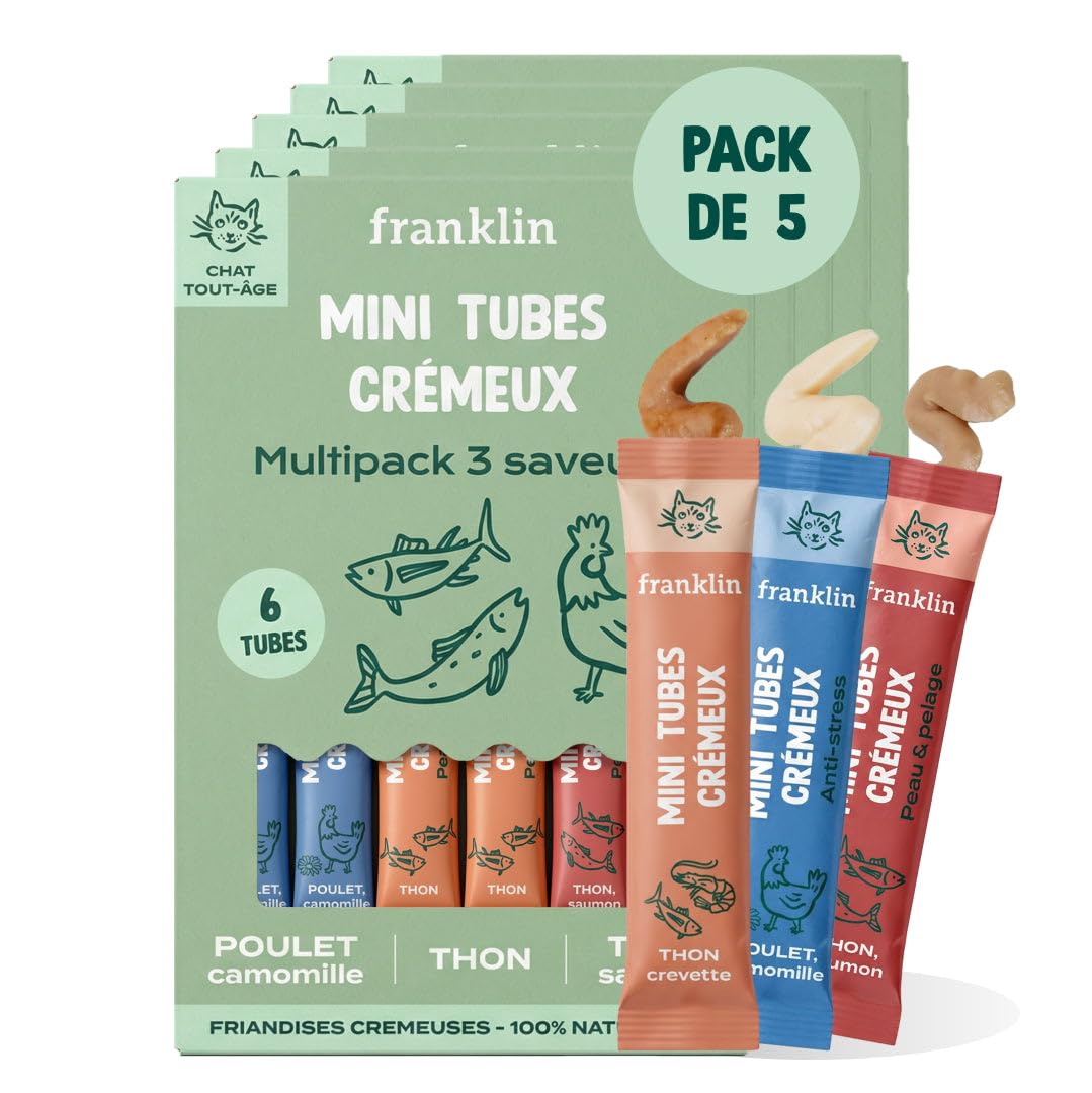 FRANKLIN – Tube Crémeux Chat – Multipack Creamy Snack – Saveurs Poulet, Thon, Saumon – Texture Crémeuse et Onctueuse – Ingrédients 100% Naturels – Faible en Calories – 30 Tubes x 15g