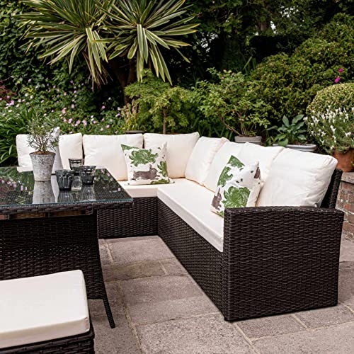 Image of DEVOKO 6-Pcs Conversation Wicker Sofa Dining Table, Outdoor Patio Furniture Set with Cushions for Garden, Poolside, Balcony (Dark Brown and Cream)