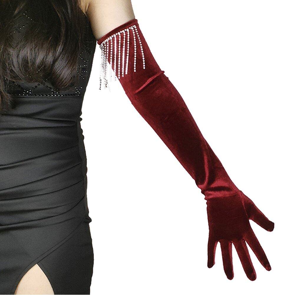 Women's Long Gloves with Rhinestone Tassel Elbow Length Soft Stretch 1920 Opera Party Evening Gloves Wedding Dress Costume