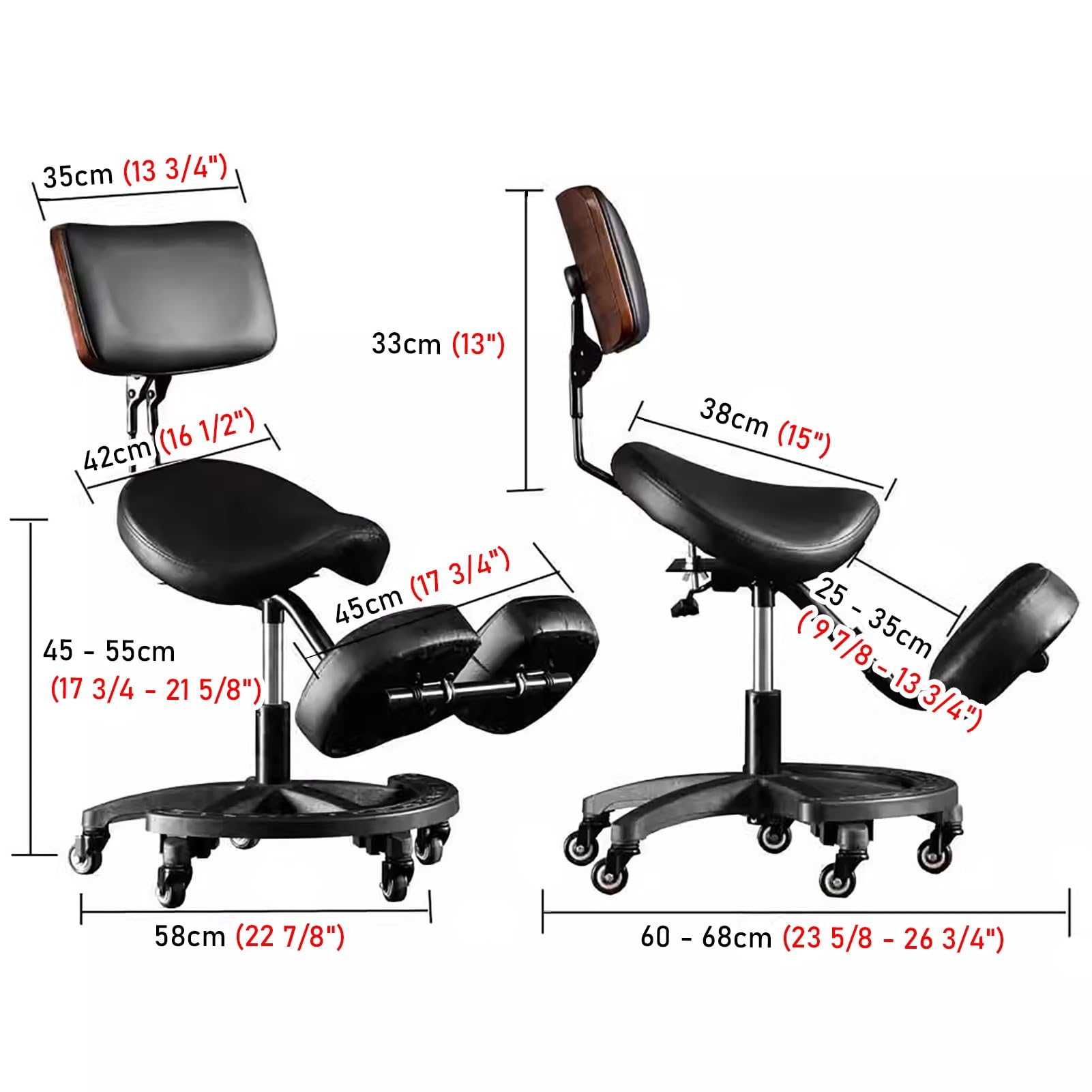 TUJOBA Taburete Pony Silla Ergonómica Silla de Postura Altura Ajustable, Asiento de Rodilla En Ángulo con Respaldo y Reposapiés, Masaje/SPA/Clínica Dental Heces de Rodadura