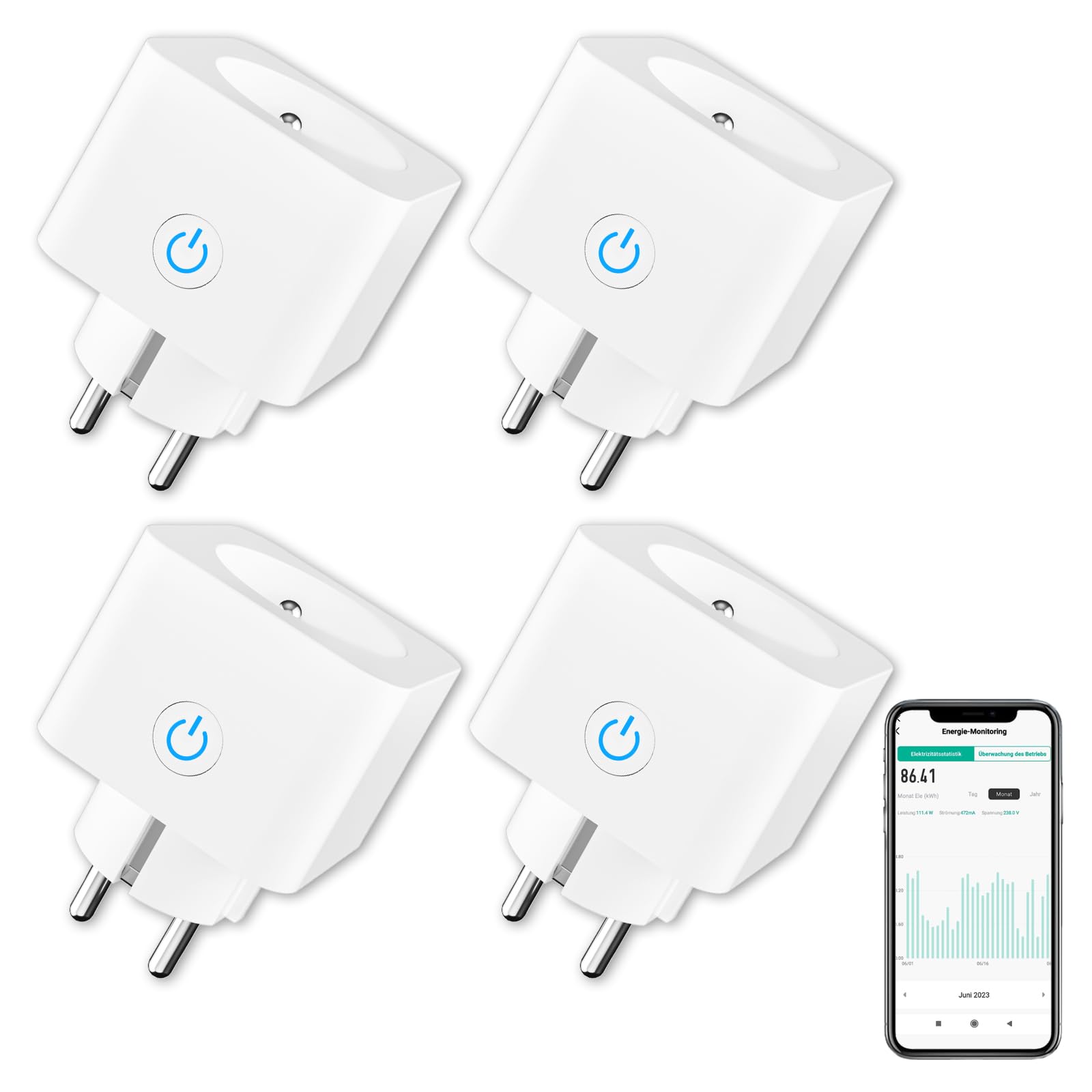 ANTELA Prise Connectée Alexa Française 16A 3680W | Mesure de Consommation Électrique Type-E, Prise Intelligente avec Google Home,Smart Life APP, Horaires et Minuterie, 4PCs