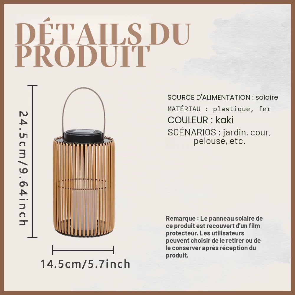 Lanternes solaires extérieur style bohème aspect rotin, allumage automatique, étanches, lot de 2