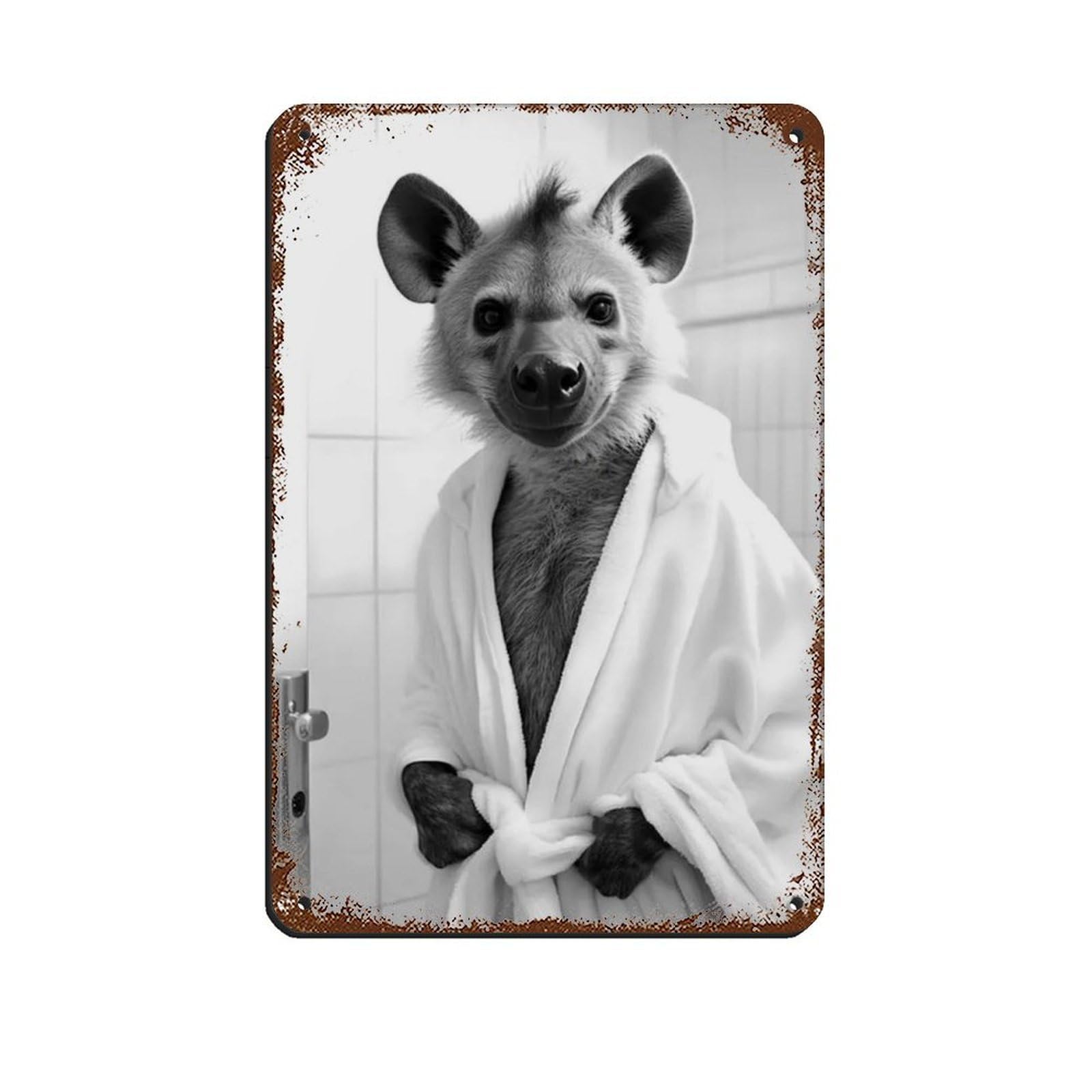 Hyena Wearing A Bathrobe, Funny Bathroom Art Retro Poster Metal Tin Sign Chic Art Retro Iron Painting Bar People Cave Cafe Family Garage Poster Wall Decoration 8x12inch(20x30cm)