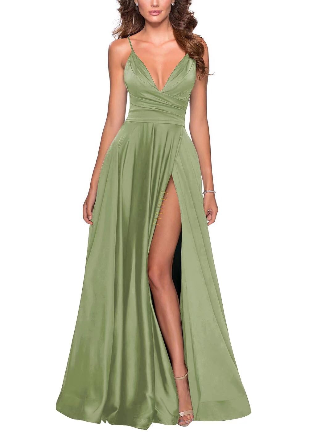 Tvuyet Satin Bridesmaid Dresses with Slit Pleated A Line Spaghetti Straps Formal Prom Evening Gowns