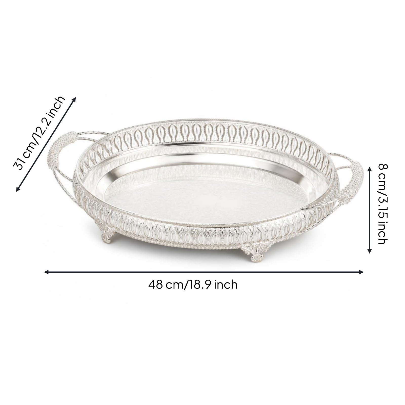 Amagogo Industrial Tablett Ovales Serviertablett Spiegeltablett Dekotablett Metalltablett mit Dekorativem Durchbruchrand Und aus Eisen Stabiler Stand durch