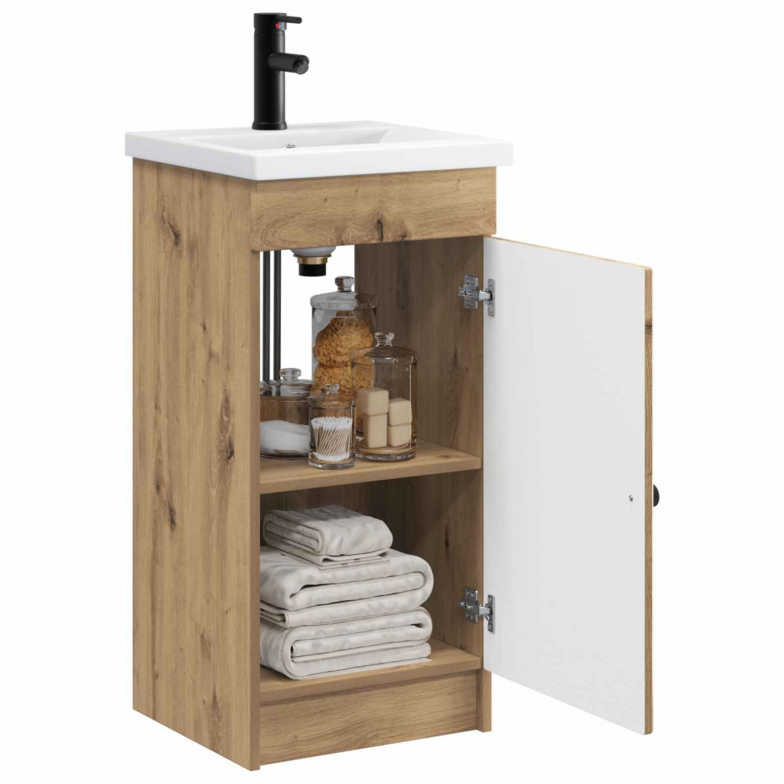 Mobile da bagno con lavandino in rovere Artisan, mobile da bagno con maniglie in metallo, 42 x 40 x 84,5 cm, spazio per riporre oggetti con ripiano e anta