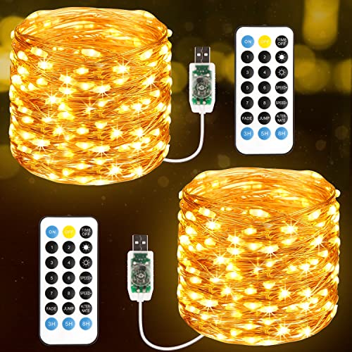 [Lot de 2] guirlande lumineuse de Noël, 120LED 12M 11modes guirlande led USB avec minuterie à distance, IP65 Fairy Lights décoration Interieur/exterieur pour Noël, Chambre, Mariage, Jardin,Blanc chaud Cover