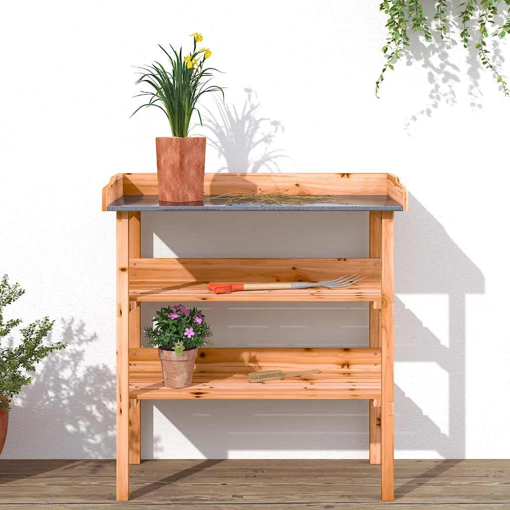Pflanztisch mit Ablagen Braun aus massivem Tannenholz, verzinkte Tischplatte, 78 x 38 x 82,5 cm, 2 offene Fächer, für Garten Terrasse Gewächshaus Balkon