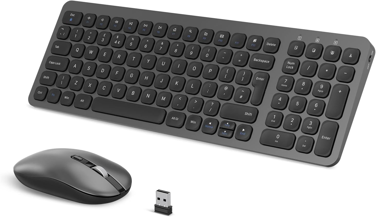 Wireless Keyboard and Mouse, PINKCAT 2.4G QWERTY UK Layout Keyboard and Cordless Silent Mouse Set with Numeric Keypad Ergonomic Energy Saving for Windows, Computer, Desktop, PC, Laptop (Gray)