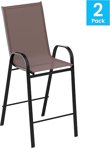 Miniatura 9 de EMMA + OLIVER Alsek Taburetes de bar para patio, marcos de acero con recubrimiento en polvo, asientos de textileno marrón, circulación de aire