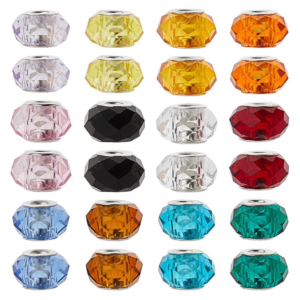 DICOSMETIC 72Pcs 12 Colors Large Hole Glass Beads Glass European Bead Faceted Rondelle Craft Beads with Silver Brass Core for Bracelet Necklace Jewelry Making, Hole: 5mm