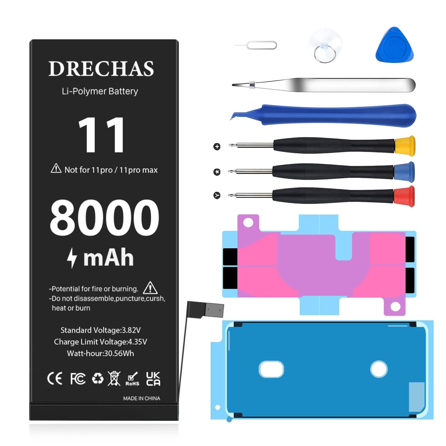 [8000mAh] Battery for iPhone 11, Upgraded High Capacity 0 Cycle Li-Polymer Replacement Battery for iPhone 11 Models A2111, A2221, A2223 with Complete Professional Repair Tool Kit