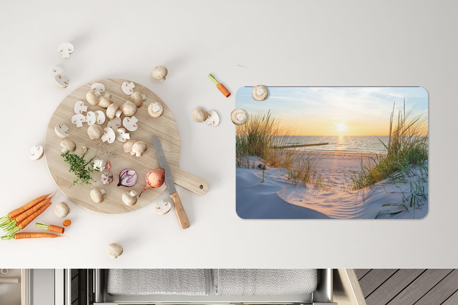 KitchenYeah© Platzsets Abwaschbare Placemats Set 6 45x30 cm Tischsets Platzdeckchen Platzset Tischset Esstisch Telleruntersetzer Waschbar Strand - Sonne - Düne - Gras - Sand - Horizont