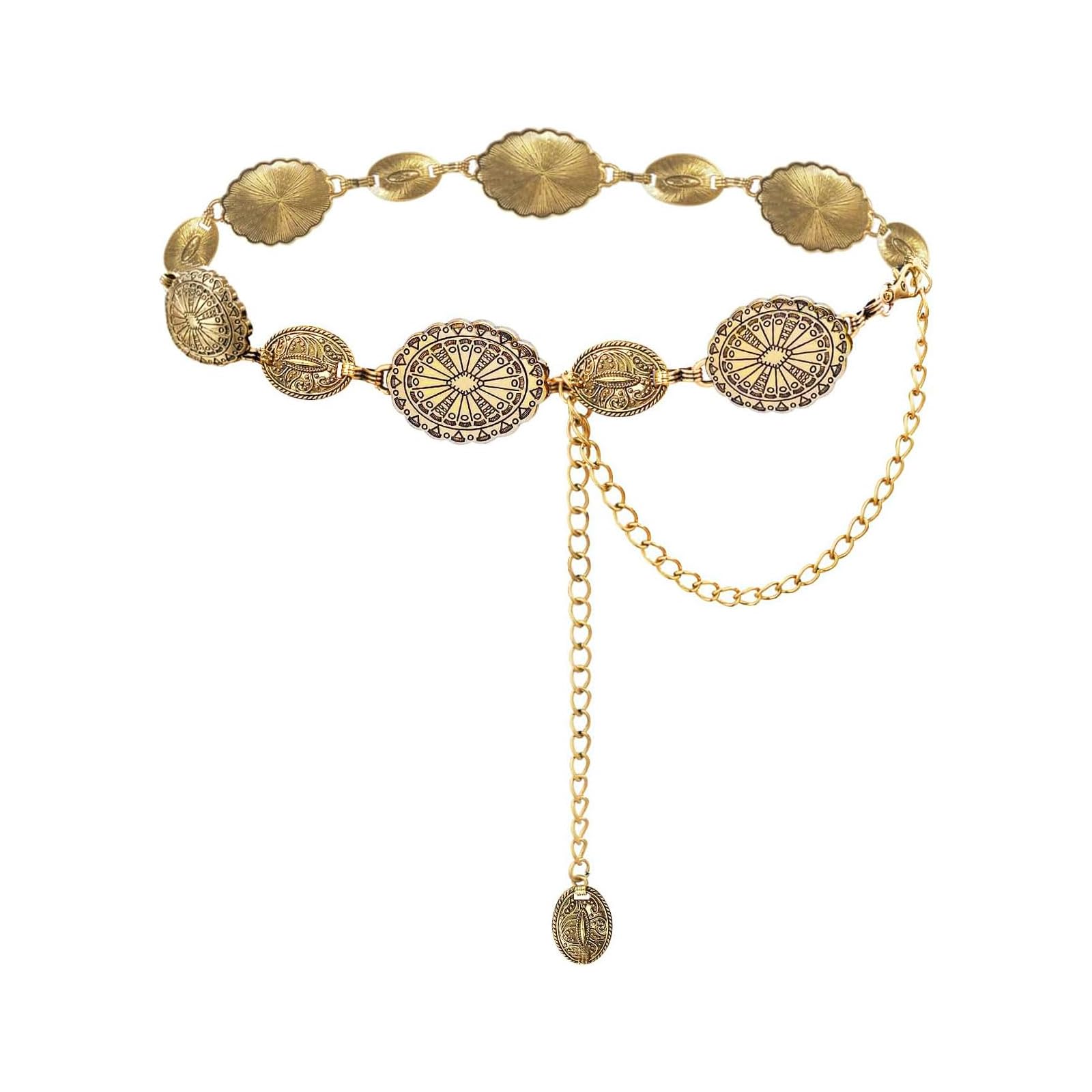 Ceinture En Chaîne Dorée Ajourée En Métal Pour Femme - Chaîne Bohème Occidentale Pour Femme - Ceinture Réglable Pour Robe, Jean, Cowgirl, Concho, Ceinture Vintage Ajourée à Longue Boucle, Doré, Taille