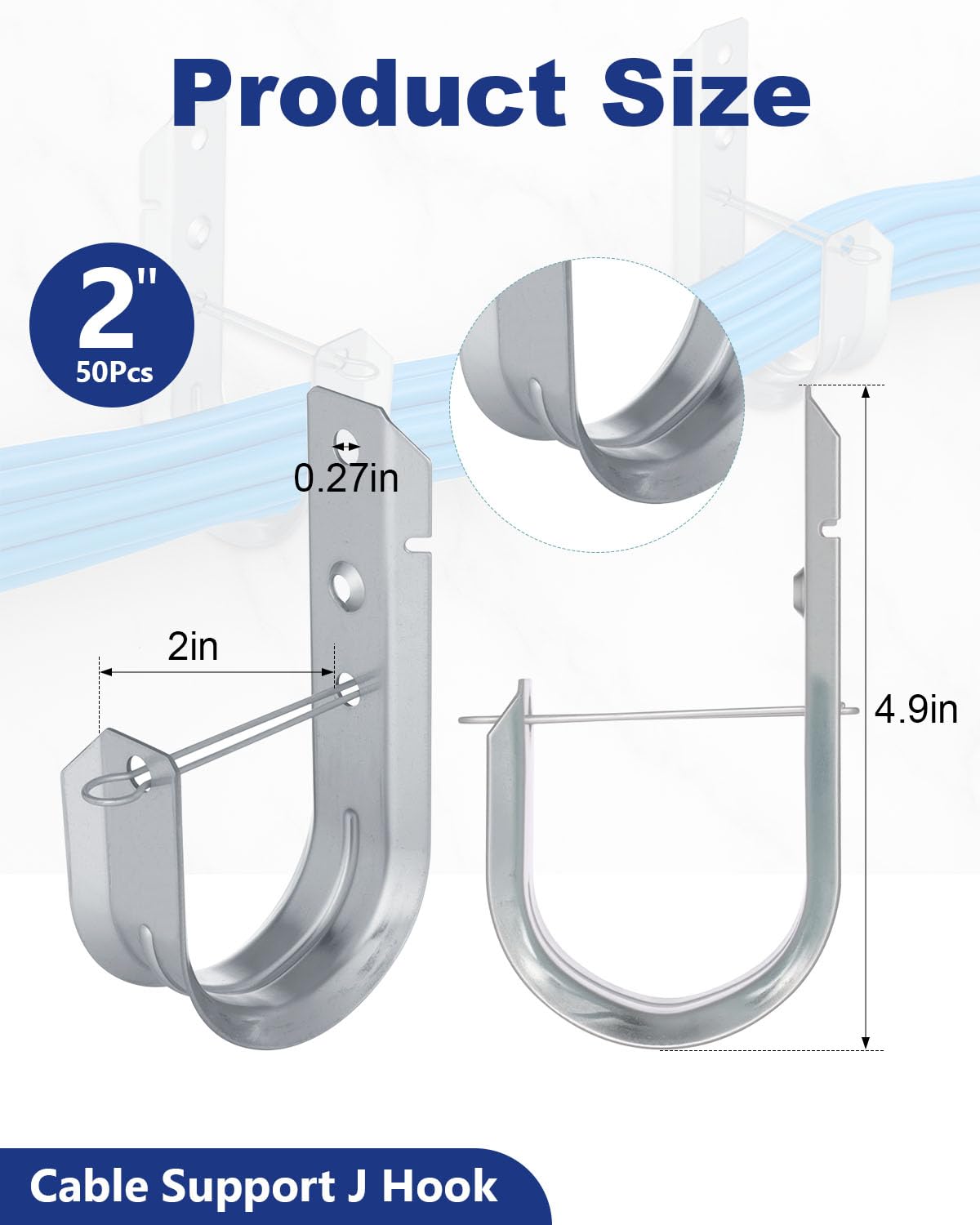 50 ganci a J per supporto cavi, 5 cm, resistenti in acciaio zincato, montaggio a parete, con clip di fissaggio per la gestione dei cavi