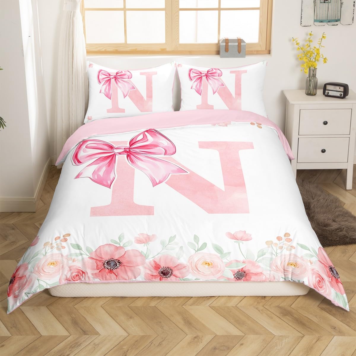 Initial Letter N Duvet Cover Single For Women Teen Girls Pink Alphabet Kids Bedding Sets Romantic Dreamy Bowknot Comforter Cover Spring Fresh Style Bed Set 2 Pieces - Image 2