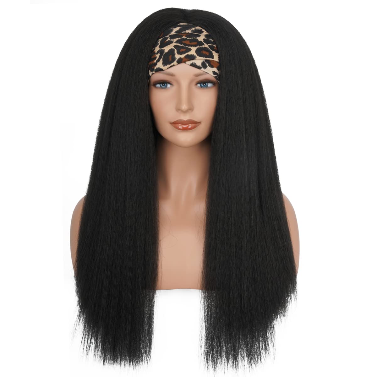Kinky Straight Headband Wig, Soft & Natural as Human Hair, Glueless Headband Wigs for Black Women, Long Black Italian Yaki Synthetic Half Wig (1B Natural Black, 24 Inch)