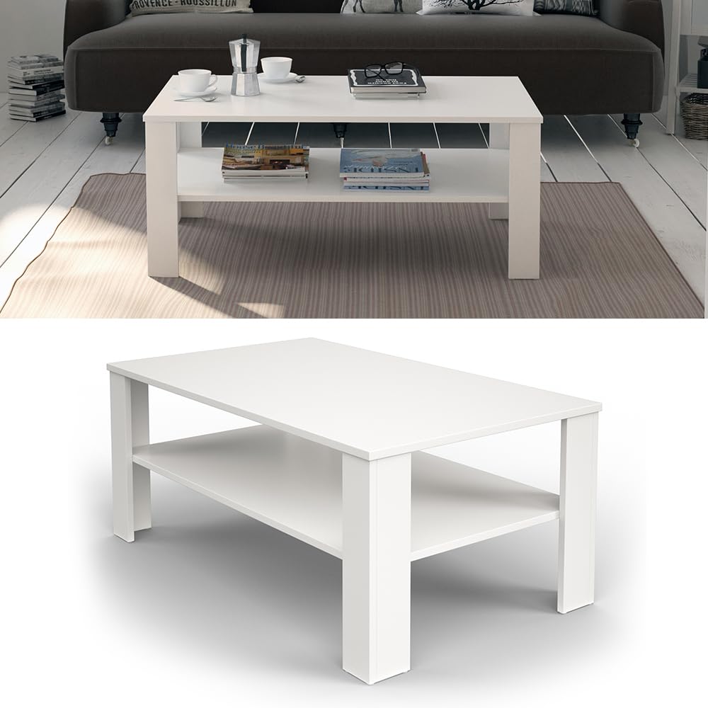 Vicco Tavolino da salotto, Bianco, 100 x 60 cm, con vano aperto per la conservazione di riviste