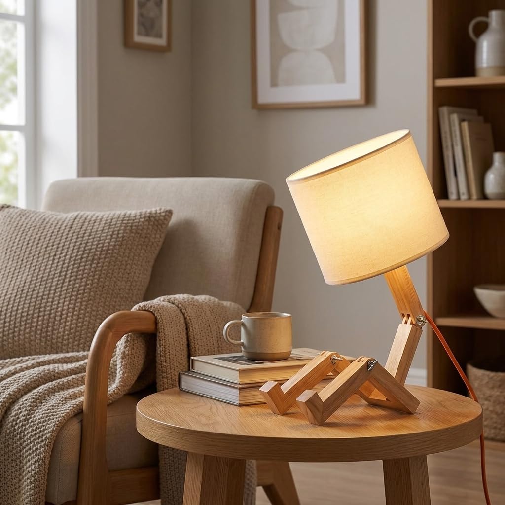 BARCELONA LED YOKI Holz Tischlampe Gelenkig, Skandinavische Schreibtischlampe im Figuren Design mit Weißem Stoffschirm, E27 Nachttischlampe für Schlafzimmer, Büro und Wohnzimmer