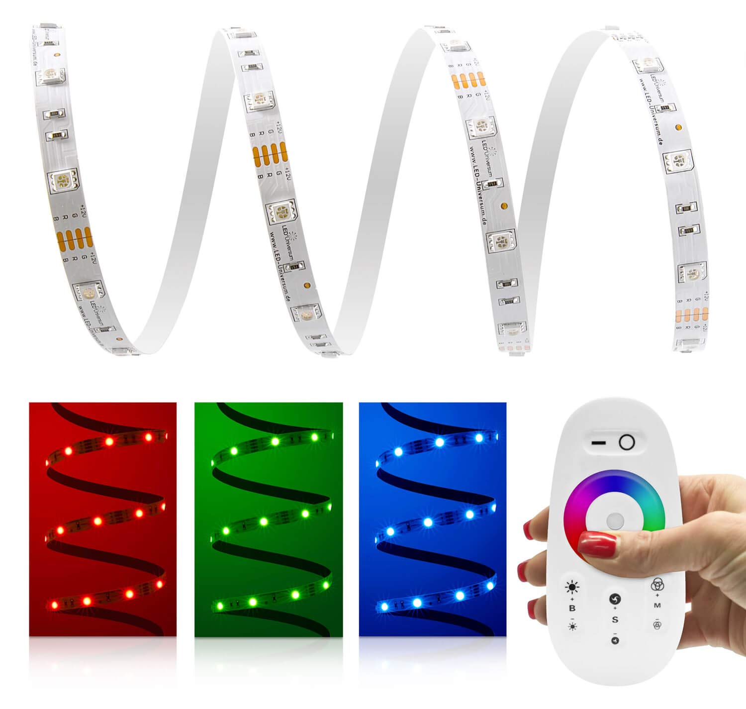 1 m RGB Tira LED (30 LED/M, IP20, 12 V) con 2,4 GHz inalámbrico controlador, mando a distancia y fuente de alimentación