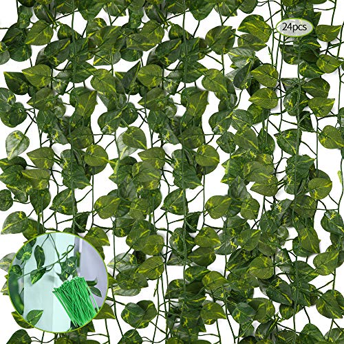 guansheng Plantas Hiedra Artificial, 24 Pcs Plantas Artificial Decoración Hojas Guirnalda de Hojas de Hiedra Artificial Hiedra Planta Colgante,para Oficina jardín Fiesta decoración de Pared