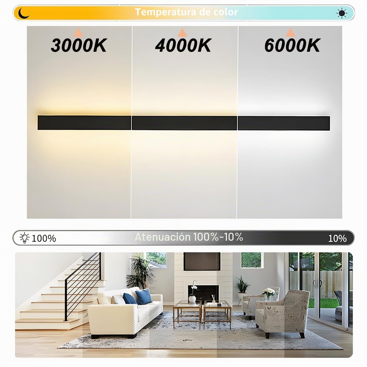 Aplique Pared Interior Regulable,60CM/22W Lampara LED Moderna | con Control Remoto Regulable 10%-100%,3000K-6000K, para Sala de Estar Pasillo Escaleras Dormitorio,Negro 110-240V