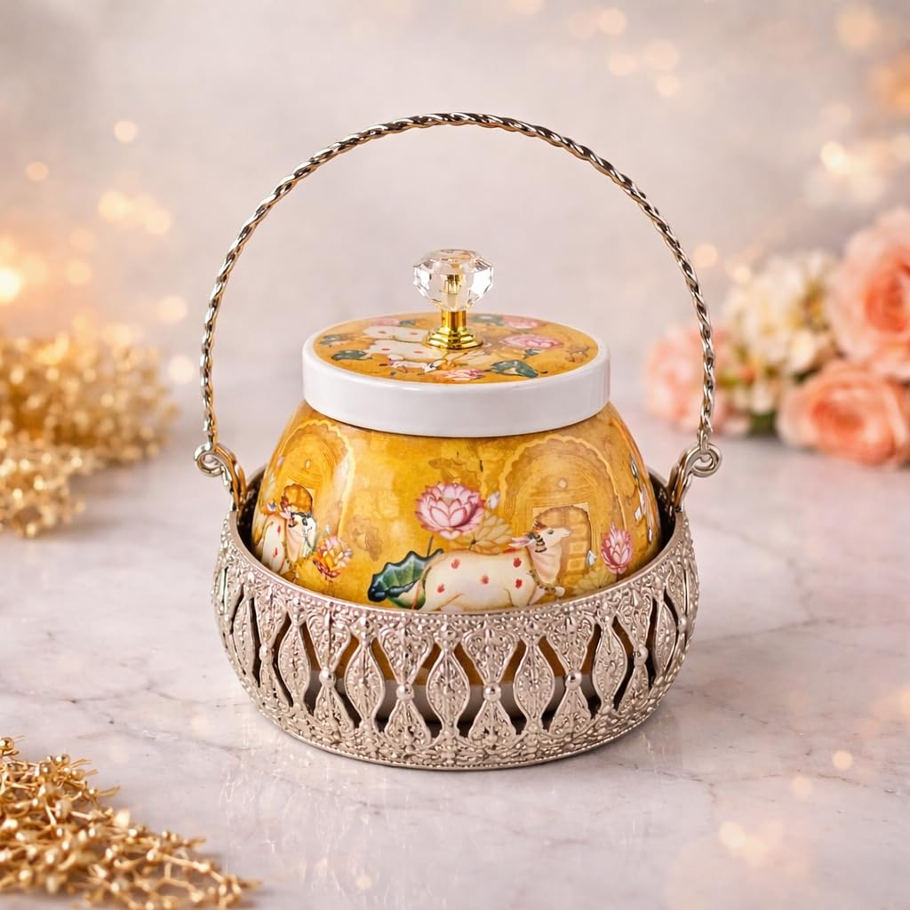 German Silver Metal Basket with pichwsi jars – baby shower wedding Return Gift Hamper Basket for Dry Fruits, nuts, Chocolates & Festive Gifting wedding Diwali puja-image-35