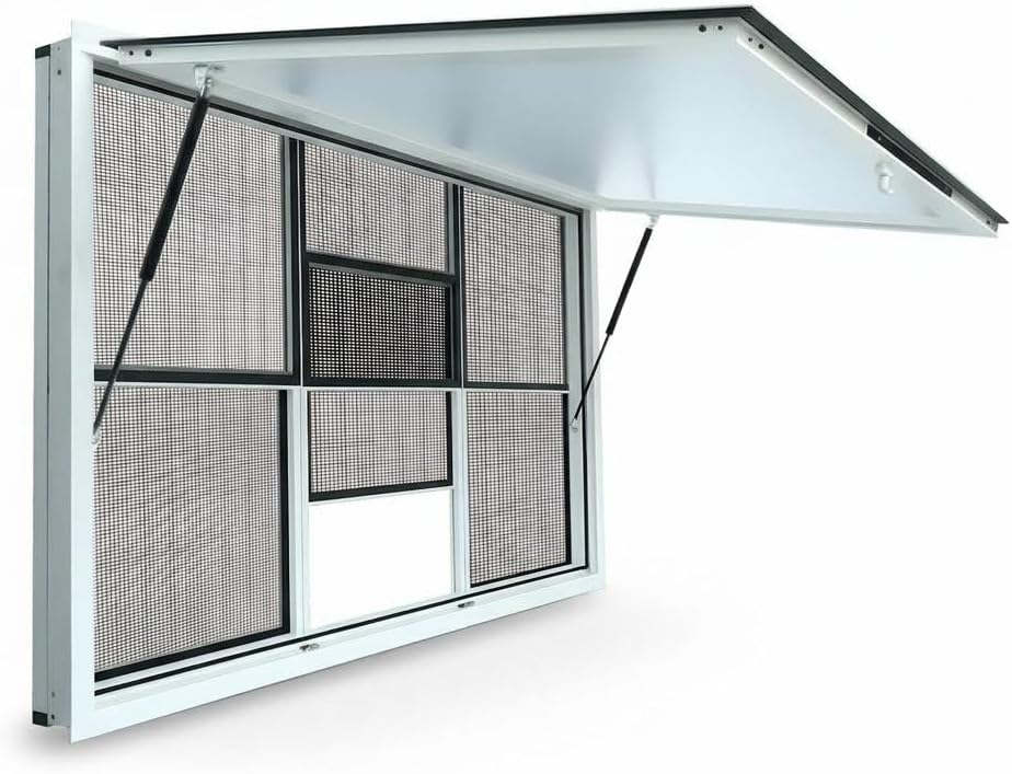 60x36 in Aluminum Alloy Trailer Concession Window with 3 Sliding Screens and Durable Hydraulic Rods, 85° Awning Door with Lock Hooks, Serving Windows for BBQ Station & Basement and Bars
