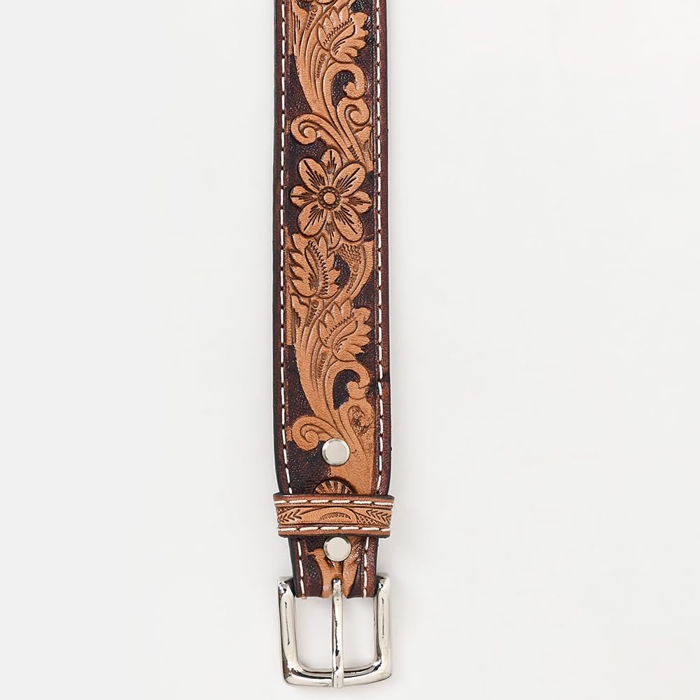 Hand Tooled Genuine Leather Crafted Brown Unisex Western Belt Removable Buckle Full Grain for Men Women