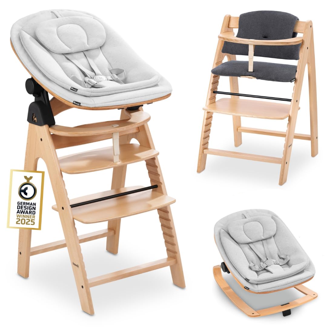 hauck Seggiolone Pappa Arketa Newborn Set Eco Bouncer – Seggiolone Evolutivo Legno Regolabile per Crescere insieme fin dalla Nascita, incluso Sdraietta Neonati e Cuscino (Faggio)