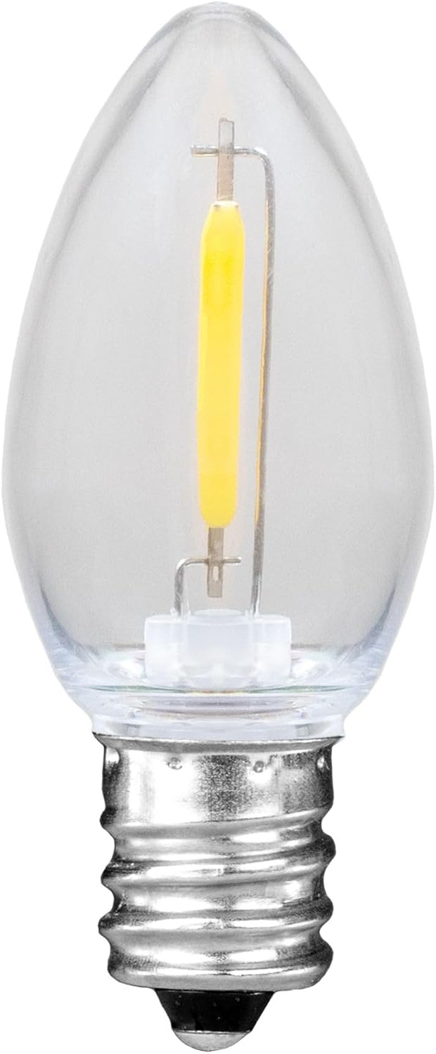 Novelty Lights 25 Pack C7 LED Filament Bulbs, Pure White Shatterproof Plastic Replacement Christmas Lights, E12 Base for Indoor/Outdoor Strings, Dimmable, 0.6W 30,000 Hour Life